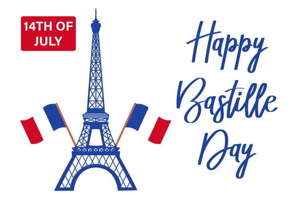 stock vector Happy Bastille Day. French National Day poster. Eiffel Tower and lettering. Illustration, vector