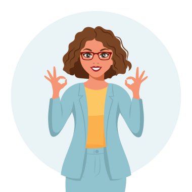 Woman with joyful expression shows hand ok, gesture. The concept of human emotions. Flat style illustration, vector