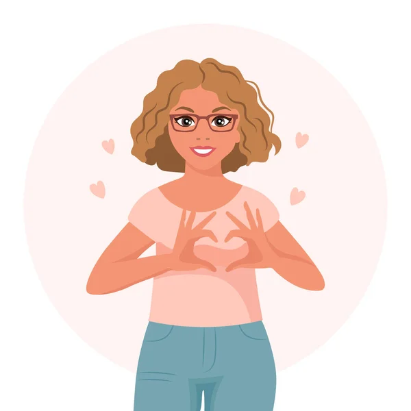 Une Femme Blonde Lunettes Avec Une Expression Joyeuse Montre Cœur — Image vectorielle