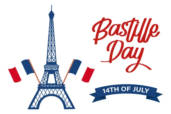 stock vector Happy Bastille Day. France national holiday poster. Eiffel Tower and handwritten lettering. Illustration, vector