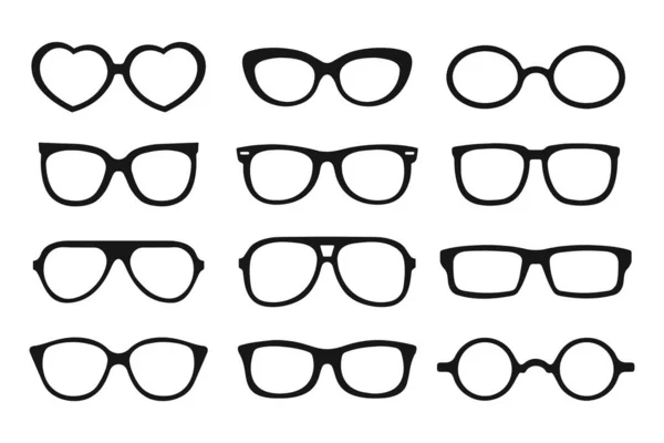 Sada Slunečních Brýlí Černé Siluety Rámů Dámské Pánské Brýle Ikony — Stockový vektor