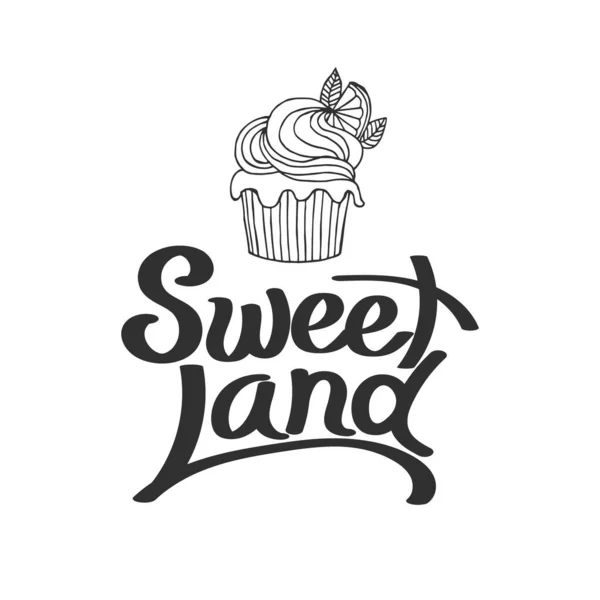 Söta Landbokstäver Och Handritade Muffins Gratulationskort Logotyp För Café Tryck — Stock vektor