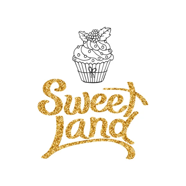 Söta Landbokstäver Och Handritade Muffins Gyllene Glitter Gratulationskort Logotyp Tryck — Stock vektor