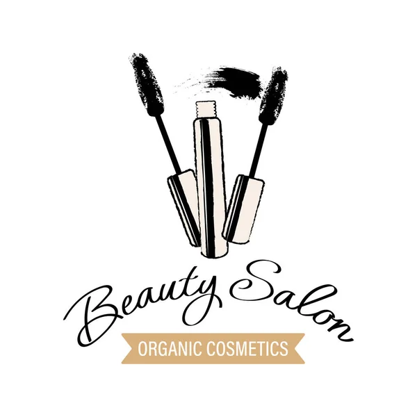 Schoonheidssalon Logo Cosmetische Artikelen Mascara Cosmetische Borstels Belettering Handgetekende Illustratie — Stockvector