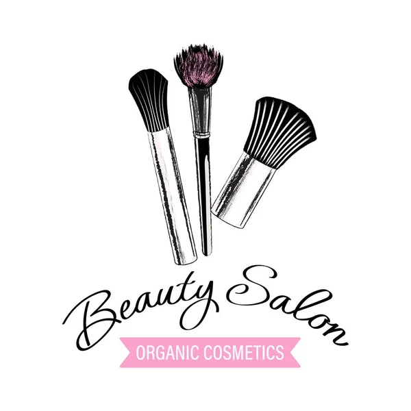 Skönhetssalong Logotyp Kosmetiska Produkter Mascara Kosmetiska Borstar Och Bokstäver Handritad — Stock vektor