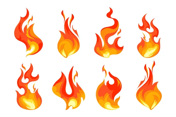 Ogień Zapalony Gorące Płonące Elementy Ognisko Elementy Dekoracyjne Ikony Wektor — Wektor stockowy