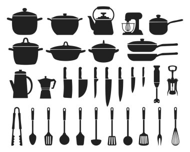Büyük mutfak aletleri, siluet. Tencere, tava, kepçe, çaydanlık, kahve makinesi, mikser, blender, bıçaklar. Simgeler, vektör