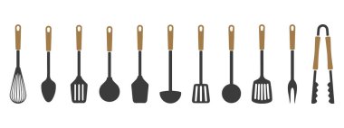 Büyük mutfak aletleri, siluet. Spatulalar, el karıştırıcılar, kaşıklar, kepçeler, maşalar. Simgeler, vektör