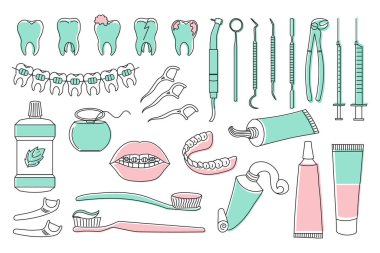 Diş simgeleri seti, dişçilik sembolleri koleksiyonu. Renkli çizimler, logo çizimleri, diş kliniği doğrusal işaretleri ayarlandı.