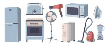 Ev aletleri, tüketici elektroniği ve makine konsepti. Buzdolabı, soba, tost makinesi, elektrikli süpürge, vantilatör, mikrodalga fırın, ütü. Simgeler