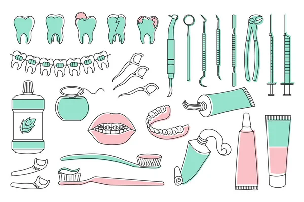 Ensemble Icônes Dentaires Collection Symboles Dentisterie Esquisses Avec Couleur Illustrations — Image vectorielle