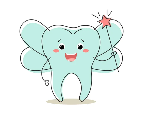 Healthy Tooth Character Kawaii Tooth Fairy Magic Stick Cute Cartoon — Stock Vector