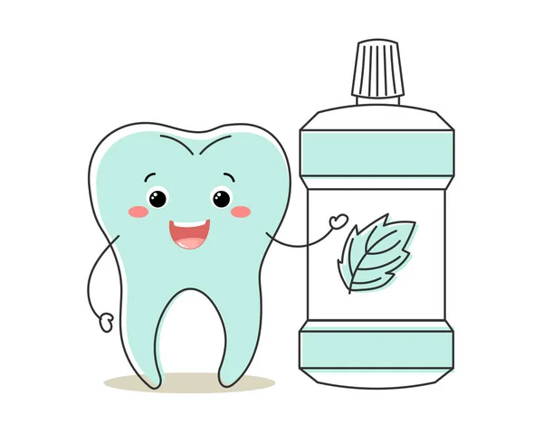 Dent Saine Kawaii Caractère Avec Rinçage Des Dents Personnage Dessin — Image vectorielle