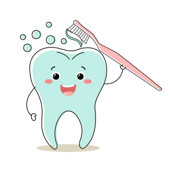 Healthy Tooth Kawaii Character Toothbrush Cute Cartoon Character Dental Care — Stock Vector
