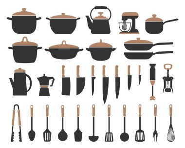 Büyük mutfak aletleri, siluet. Tencere, tava, kepçe, çaydanlık, kahve makinesi, mikser, blender, bıçaklar. Simgeler, vektör