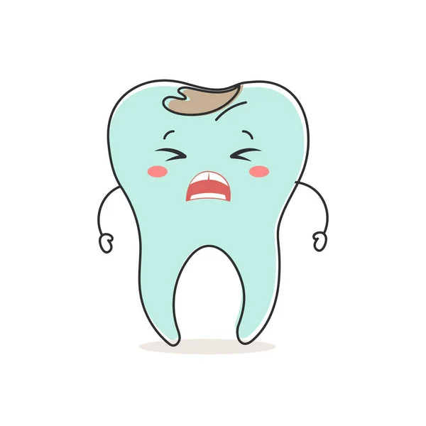 Кавайи Нездоровый Зуб Кариесом Милый Мультяшный Персонаж Стоматологическая Помощь Иллюстрация — стоковый вектор