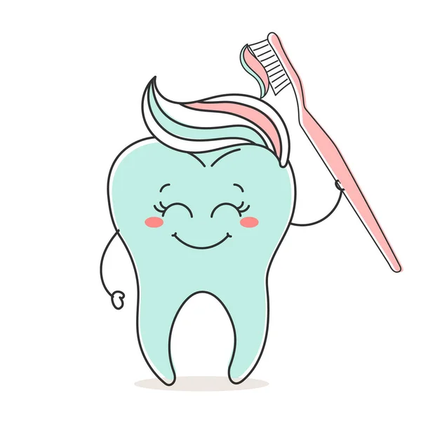 有牙膏和牙刷的健康牙齿卡瓦伊字符 可爱的卡通字符 牙科保健 — 图库矢量图片