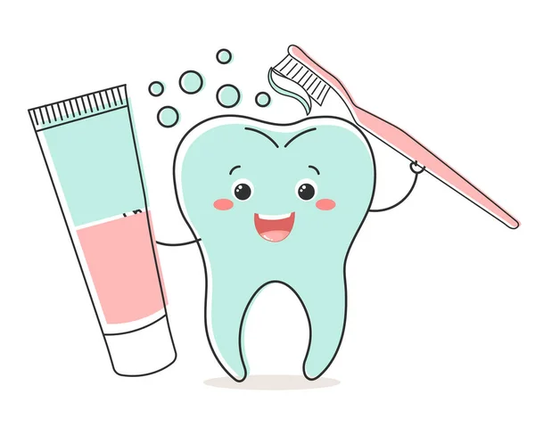 Dent Saine Kawaii Caractère Avec Tube Dentifrice Brosse Dents Personnage — Image vectorielle