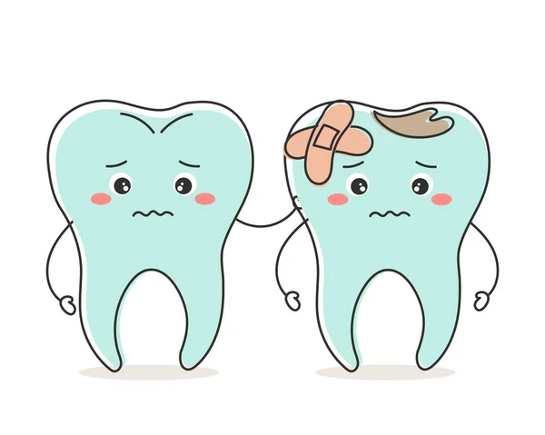 Zdrowe Niezdrowe Zęby Postaci Kawaii Słodkie Postacie Kreskówek Opieka Dentystyczna — Wektor stockowy