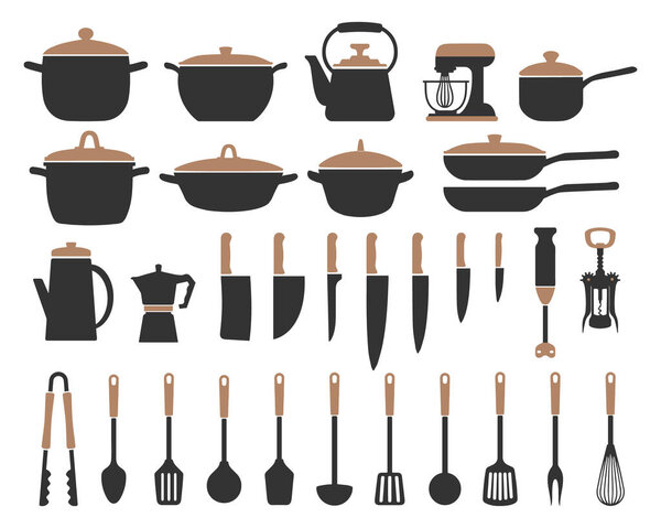 Big set of kitchen utensils, silhouette. Pots, frying pans, ladle, kettle, coffee maker, mixer, blender, knives. Icons, vector
