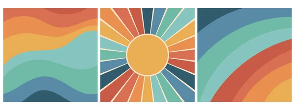 Комплект Цветных Ретро Канавок Радугой Солнцем Шикарный Дизайн Печати Плакатов — стоковый вектор