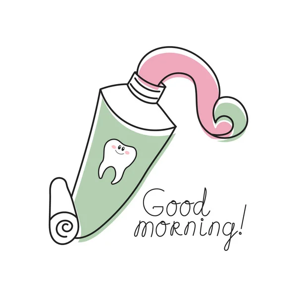 Tube Zahnpasta Zahn Und Schriftzug Guten Morgen Zeichentrickkritzelillustration Zahnpflege Logo — Stockvektor