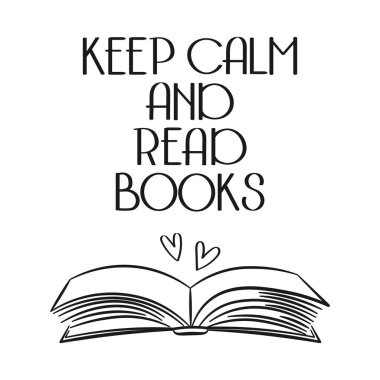 Book, sakin ol ve kitap oku, açık bir kitap ve kalple karalama yap, eskiz yap. Kaligrafi el yazısı yazması, tırnak içinde. Yazdır, vektör