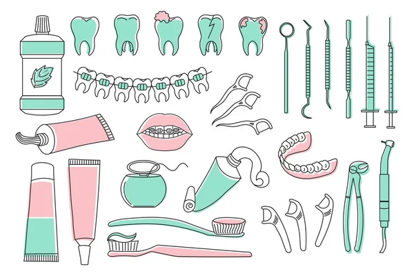 Ensemble Icônes Dentaires Collection Symboles Dentisterie Esquisses Avec Couleur Illustrations — Image vectorielle