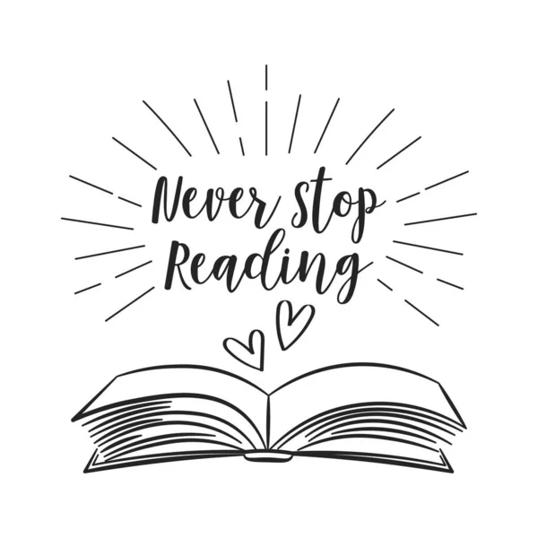 Book Never Stop Reading Lettering Open Book Hearts Sketch Calligraphy — Stock Vector