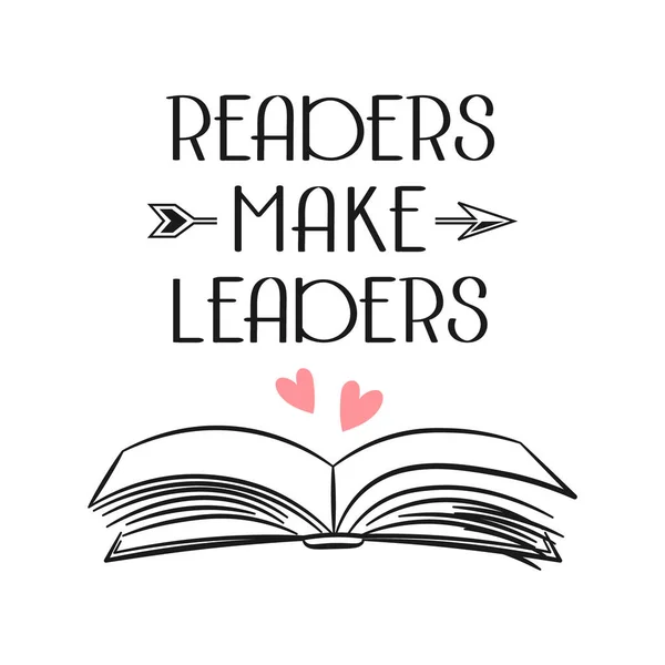 Kitap Okuyucular Önderlik Eder Açık Bir Kitap Kalple Yazarlar Eskiz — Stok Vektör