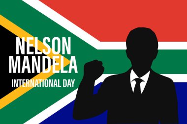 Nelson Mandela Ulusal Günü. 18 Temmuz. Güney Afrika bayrağında Mandela 'lı Silhouette. Görüntü, pankart, vektör