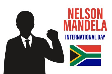 Nelson Mandela Ulusal Günü. 18 Temmuz. Güney Afrika bayrağında Mandela 'lı Silhouette. Görüntü, pankart, vektör