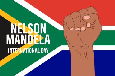 Nelson Mandela Ulusal Günü. 18 Temmuz. Güney Afrika bayrağını yumrukla. Görüntü, pankart, vektör
