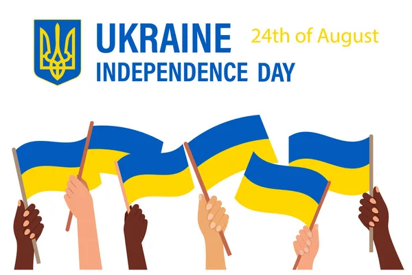 Festa Dell Indipendenza Ucraina Mani Multirazziali Con Bandiere Ucraine Bandiera — Vettoriale Stock