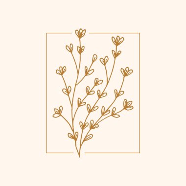 Yaban çiçeği doğrusal logo çizimi. Çiçek çelengi düğün amblemi tasarımı. Klasik otlar modern basit tarzda çizilmiş. Vektör