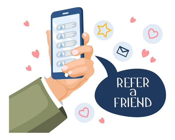 Refer Friend Marketing Concept Hand Holds Phone Contacts Friends Social — Stock Vector