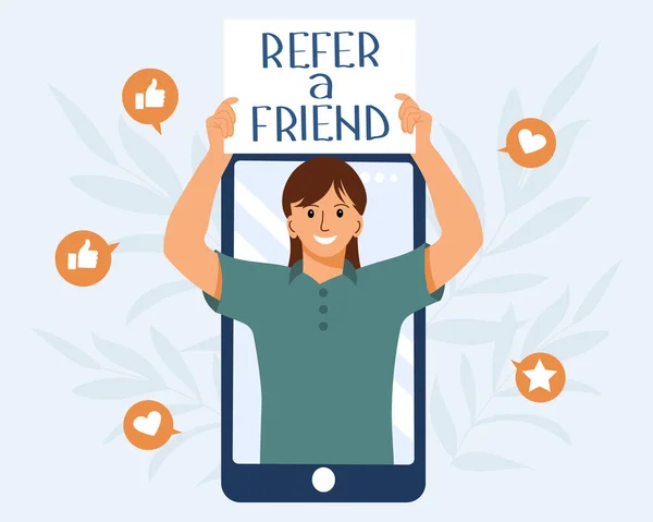 Refer Friend Marketing Concept Person Phone Invites Referral Program Social — Stock Vector