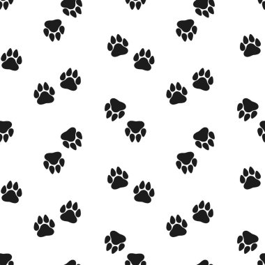 Leopar hayvan ayak izlerinin kusursuz deseni. Siyah ve beyaz basit tasarım. Yazdırma, arkaplan, duvar kağıdı, vektör