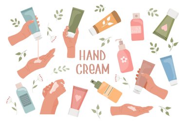 Bir çift kadın eli tüpten krem sürüyor. Rutin cilt bakımı. Günlük organik kozmetik ürünleri. Düz çizim. Vektör