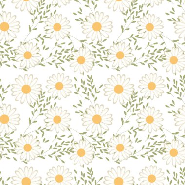 Kusursuz desen, papatya çiçekleri ve beyaz arka planda dağınık yapraklar. Yazdırma, çiçek arkaplanı, tekstil, duvar kağıdı, vektör