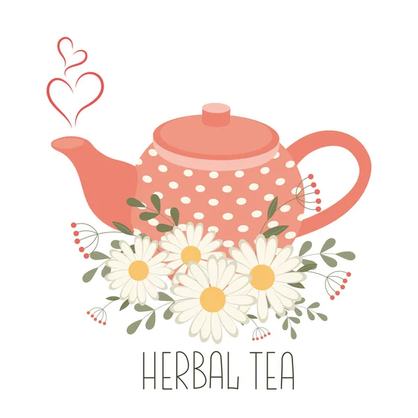 Şifalı Bitki Çayı Sağlıklı Içecek Çaydanlık Fincan Bitkisel Çay Papatya — Stok Vektör