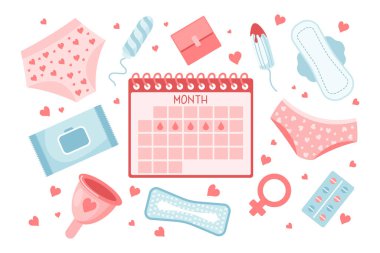 Feminine hygiene set. Menstrual period concept. Menstrual cup, tampons, uterus, soap, panties, monthly calendar, sanitary napkin and pills. Vector clipart