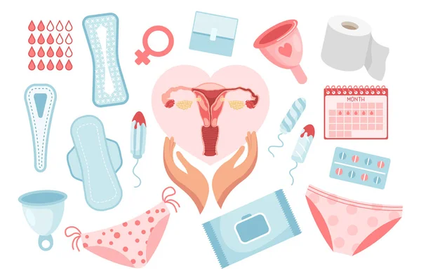 Weibliches Hygieneset Menstruationszeit Konzept Menstruationstasse Tampons Gebärmutter Seife Höschen Monatskalender — Stockvektor