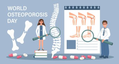 İniş sayfası için dünya osteoporoz günü. Osteoporoz tedavisi. Büyüteçli doktorlar insan iskelet sisteminde hastalıklar gösteriyor. Şablon, pankart, vektör