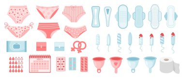 Kadın hijyen seti. Adet dönemi konsepti. Adet bardağı, tampon, sabun, külot, aylık takvim, hijyenik peçete ve haplar. Vektör