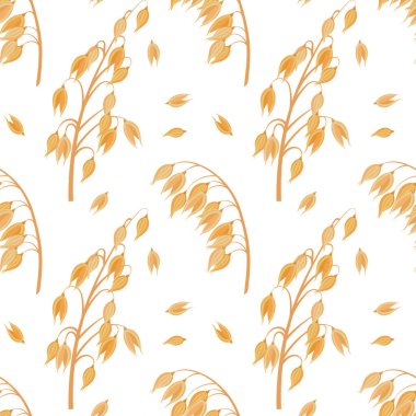 Dikenli dikenler ve yulaf tohumlarının kusursuz deseni. Beyaz arka planda yulaf taneleri. Tarım arka planı, yazdırma, vektör
