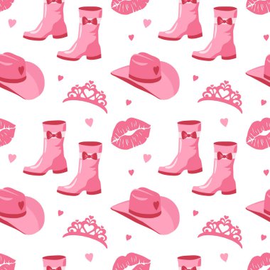 Prenses Barbie gardırop detayları, taç, ayakkabı, kovboy şapkası, öpücük. Güzel kız işi duvar kâğıdı. Vektör