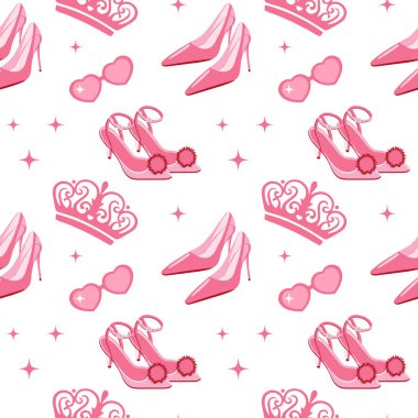 Prenses Barbie gardırop detayları, taç, ayakkabı, kovboy şapkası, öpücük. Güzel kız işi duvar kâğıdı. Vektör