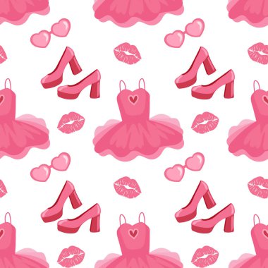 Barbiecore gardırop kıyafetleri, ayakkabılar, elbiseler ve gözlüklerle şirin pembe, pürüzsüz desen. Kızlar için yazdır. Vektör