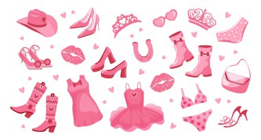 Barbiecor Prenses seti. Pembe moda seti, aksesuarlar ve pembe bir bebek için kıyafetler. Taç, elbise, ayakkabı, kovboy şapkası, bot, çanta, gözlük. Vektör